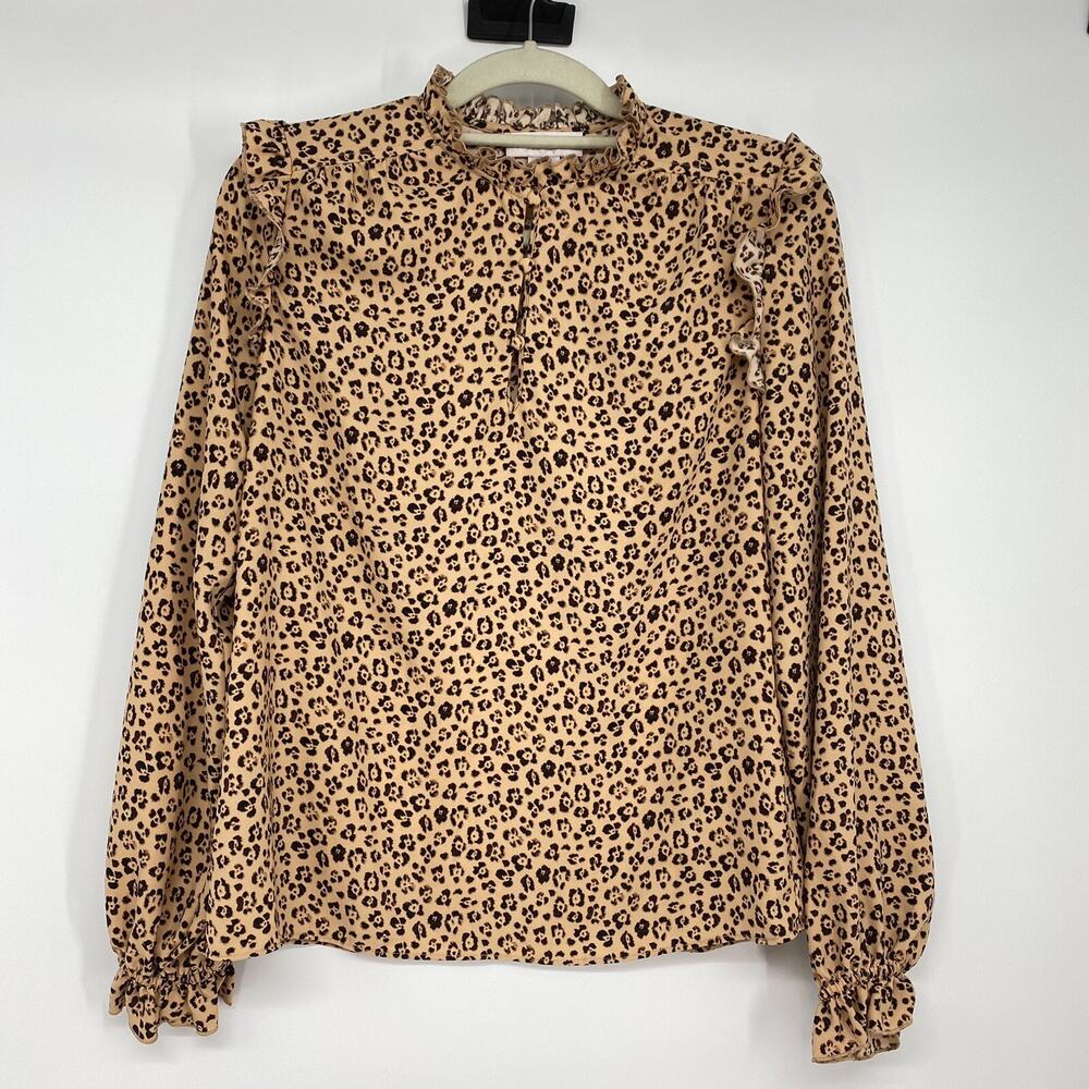 RACHEL PARCELL Ruffle Long Sleeve Blouse Top Womens Size S Brown Leopard Print